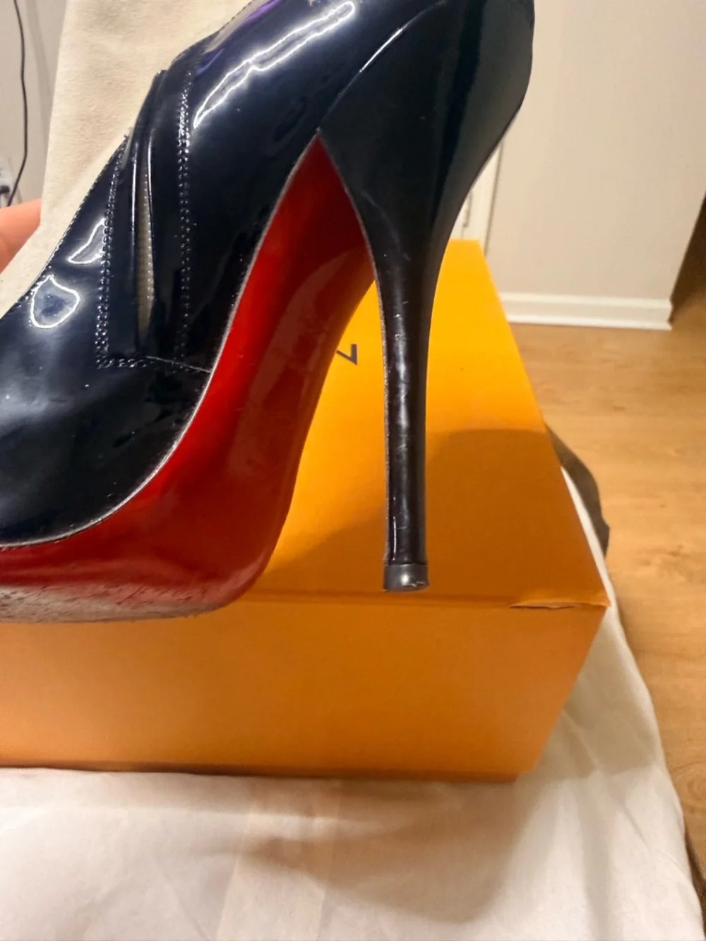 Christian Louboutin Black Patent and Cream Suede Ankle Boots - Picture 3 of 4